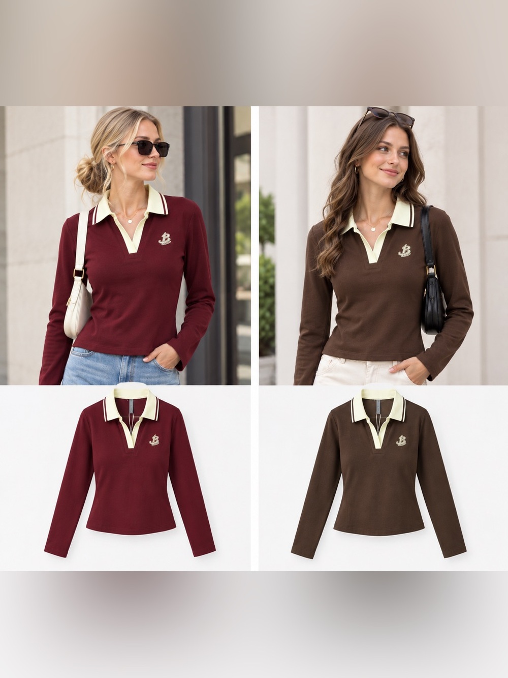 Classic Collared Long-Sleeve Sweater - Burgundy and Brown